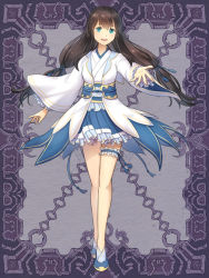 Rule 34 | 1girl, blue eyes, blue skirt, breasts, brown hair, commentary request, frilled skirt, frilled sleeves, frills, full body, kerberos blade, long hair, looking at viewer, medium breasts, miniskirt, natsuya (kuttuki), open mouth, purple background, reaching, reaching towards viewer, shirt, skirt, smile, solo, thigh strap, twintails, white shirt, wide sleeves