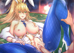 Rule 34 | 1girl, animal ears, antiqq, artoria pendragon (all), artoria pendragon (fate), artoria pendragon (swimsuit ruler) (fate), blonde hair, blue pantyhose, blush, braid, breasts, breasts out, casino card table, censored, clothing cutout, detached collar, fake animal ears, fate/grand order, fate (series), feather boa, fishnet pantyhose, fishnets, french braid, green eyes, hetero, highleg, highleg leotard, highres, knee up, leotard, leotard pull, long hair, looking at viewer, lying, mosaic censoring, navel cutout, nipples, no panties, on back, pantyhose, penis, playboy bunny, poker chip, ponytail, pussy, rabbit ears, sex, sidelocks, solo focus, spread legs, table, thighs, tiara, torn clothes, torn legwear, vaginal, white leotard, wrist cuffs