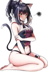 Rule 34 | 1girl, absurdres, animal ear fluff, animal ears, arm between legs, bare shoulders, black hair, black panties, blush, breasts, cat ears, cat girl, cat tail, from side, green eyes, halterneck, high collar, highres, karyl (princess connect!), long hair, medium breasts, multicolored hair, navel, no pants, panties, princess connect!, sak (lemondisk), seiza, simple background, sitting, solo, tail, underwear, white background, white hair