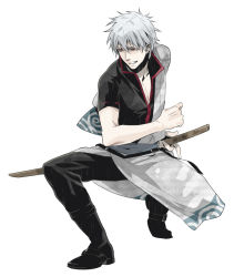 Rule 34 | 1boy, black shirt, blouse, fighting stance, full body, gintama, hair between eyes, japanese clothes, kmgk, male focus, popped collar, ready to draw, sakata gintoki, shirt, short hair, silver hair, simple background, solo, sword, weapon, white background