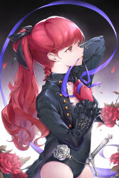 1girl absurdres black_jacket black_leotard black_ribbon buttons commentary_request covered_navel craizuss cropped_jacket flower frilled_sleeves frills gloves gymnastics_ribbon hair_ribbon highres jacket leotard leotard_under_clothes lips long_hair long_sleeves persona persona_5 persona_5_the_royal petals pink_lips ponytail red_eyes red_flower red_gloves red_hair red_rose ribbon rose solo sword wavy_hair weapon yoshizawa_kasumi