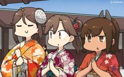 Rule 34 | 3girls, alternate hairstyle, amagi (kancolle), arashio (kancolle), architecture, asymmetrical bangs, brown eyes, brown hair, clenched hand, closed eyes, commentary request, dark-skinned female, dark skin, dated, east asian architecture, floral print, flower request, frown, hair between eyes, hair ornament, hamu koutarou, height difference, highres, i-401 (kancolle), japanese clothes, kantai collection, kimono, long hair, looking away, looking to the side, mole, mole under eye, money, multiple girls, one-hour drawing challenge, open mouth, own hands clasped, own hands together, parted bangs, ponytail, serious, short ponytail, sidelocks, signature, smile, smug, temple, upper body, wide sleeves