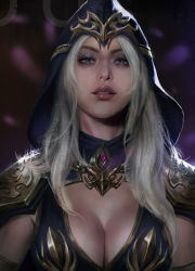 Rule 34 | 1girl, ashe (league of legends), blue eyes, breasts, cape, cleavage, hood, kveldulv, large breasts, league of legends, long hair, looking at viewer, parted lips, photorealistic, realistic, solo, upper body, white hair