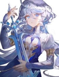 Rule 34 | 1girl, arrrrrry1, blue dress, blue eyes, blue hair, blue nails, breasts, cowlick, dress, drop-shaped pupils, furina (genshin impact), genshin impact, grey hair, hair between eyes, heterochromia, highres, holding, holding sword, holding weapon, juliet sleeves, light blue hair, long hair, long sleeves, looking at viewer, nail polish, parted lips, puffy sleeves, shrug (clothing), sidelocks, small breasts, solo, sword, symbol-shaped pupils, tearing up, toenail polish, toenails, upper body, weapon
