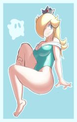 Rule 34 | 1girl, black eyes, blonde hair, border, breasts, cleavage, crown, hair over one eye, highres, mario (series), nintendo, rosalina, simple background, solo, super mario bros. 1, super mario galaxy, swimsuit, thick thighs, thighs
