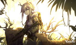 Rule 34 | 1girl, absurdres, antlers, arknights, artist name, black gloves, bow (weapon), bowl, chinese commentary, commentary request, cowboy shot, crossbow, elk, firewatch (arknights), gloves, grey eyes, grey hair, grey jacket, hair between eyes, highres, holding, holding bowl, horns, jacket, long hair, long sleeves, looking at viewer, parted lips, ponytail, signature, weapon, yumuto (spring1786)