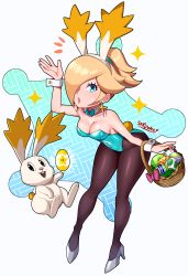 Rule 34 | 1girl, absurdres, animal ears, basket, blonde hair, blue eyes, bow, bowtie, breasts, cleavage, collarbone, cuffs, earrings, easter egg, egg, eyelashes, fake animal ears, fire flower, full body, high heels, highres, jewelry, leotard, looking at viewer, mario (series), nintendo, one eye covered, pantyhose, playboy bunny, ponytail, rabbit, rabbit ears, rabbit tail, rosalina, sarukaiwolf, signature, sleeveless, standing, star (symbol), star bunny, star earrings, super mario galaxy, tail, thighhighs, thighs, yoshi egg