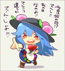 Rule 34 | 1girl, bad id, bad twitter id, blue hair, bow, chibi, food, fruit, hand on own hip, hat, hinanawi tenshi, long hair, open mouth, peach, pointing, pointing at viewer, ponpoko, red eyes, smile, solo, touhou