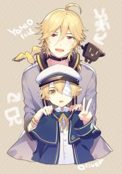 Rule 34 | 2boys, ahoge, bandage over one eye, beige background, belt collar, blonde hair, blue capelet, blue jacket, capelet, character name, collar, commentary, cropped torso, cubi (vocaloid), grey shirt, hand up, hands on another&#039;s shoulders, hat, headphones, headphones around neck, height difference, jacket, james (vocaloid), looking at viewer, male focus, multiple boys, oliver (vocaloid), open mouth, peaked cap, red eyes, sailor hat, shirt, sinaooo, smile, upper body, v, vocaloid, white headwear, white shirt, yellow eyes, yohioloid