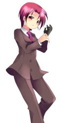 Rule 34 | 00s, 1girl, adjusting clothes, adjusting gloves, bazett fraga mcremitz, black suit, earrings, fate/hollow ataraxia, fate/stay night, fate (series), formal, gloves, jewelry, long image, necktie, pant suit, pants, pink necktie, red eyes, red hair, shirt, short hair, single glove, solo, subaru (yachika), suit, tall image, white shirt