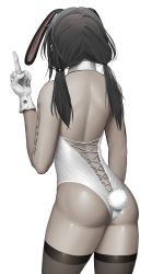 Rule 34 | 1girl, absurdres, animal ears, ass, backless leotard, bad id, bad pixiv id, black hair, black thighhighs, cross-laced clothes, facing away, fake animal ears, fake tail, from behind, gloves, highres, leotard, long hair, middle finger, norunollu, original, playboy bunny, rabbit ears, rabbit tail, simple background, solo, tail, tattoo, thighhighs, twintails, white background, white gloves, white leotard