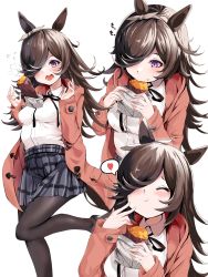 Rule 34 | 1girl, absurdres, alternate costume, animal ears, bow, bowtie, breasts, brown hair, ear bow, eating, food, hair over one eye, heart, highres, holding, holding food, horse ears, horse girl, horse tail, long hair, medium breasts, multiple views, nekozane ryo, open mouth, purple eyes, rice shower (umamusume), roasted sweet potato, simple background, skirt, solo, spoken heart, sweet potato, tail, umamusume, white background, roasted sweet potato