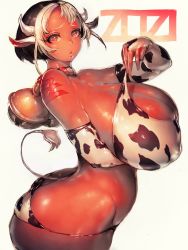Rule 34 | 1girl, 2021, animal ears, ass, bell, bikini, black hair, breasts, butt crack, chinese zodiac, commentary, cow ears, cow girl, cow horns, cow tail, cowbell, curvy, dark-skinned female, dark skin, dyed bangs, female focus, from side, fumio (rsqkr), gigantic breasts, highres, horns, huge ass, looking at viewer, original, parted lips, print bikini, short hair, skindentation, solo, swimsuit, tail, thick thighs, thighs, white background, white hair