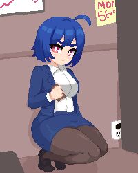 Rule 34 | 1girl, blue hair, blue jacket, blue skirt, blush, breasts, formal, holding, jacket, long sleeves, looking at viewer, medium breasts, minimilieu, office, office lady, open clothes, open jacket, original, pantyhose, pink eyes, pixel art, shirt, short hair, skirt, skirt suit, skye (hcnone), smile, solo, squatting, suit, white shirt