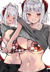 Rule 34 | arknights, bikini, bikini under clothes, blush, breasts, cleavage, clothes lift, collarbone, demon girl, demon horns, demon tail, grey hair, grey shirt, highres, horns, kyuu (plastic night q), large breasts, lifting own clothes, looking at viewer, multiple views, navel, official alternate costume, open mouth, red bikini, red eyes, shirt, shirt lift, short hair, simple background, smile, stomach, swimsuit, tail, upper body, w (arknights), w (fugue) (arknights), white background