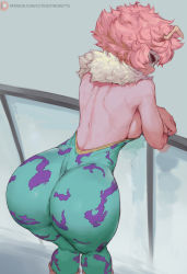 Rule 34 | 1girl, ashido mina, ass, ass focus, bare shoulders, bodysuit, boku no hero academia, breasts, closed mouth, colored skin, cutesexyrobutts, domino mask, from behind, fur collar, highres, horns, huge ass, large breasts, leaning forward, looking at viewer, looking back, mask, messy hair, pink hair, pink skin, short hair, sideboob, skin tight, smile, solo, yellow eyes