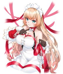 Rule 34 | 1girl, absurdres, aqua eyes, arm up, artist name, as4gi, azur lane, bare shoulders, black gloves, blonde hair, blush, breasts, cleavage, closed mouth, collarbone, dress, gloves, highres, holding, holding ribbon, howe (azur lane), howe (pastry princess) (azur lane), long hair, looking at viewer, maid, maid headdress, medium breasts, official alternate costume, red ribbon, ribbon, smile, solo focus, upper body, white background, white dress