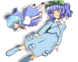 Rule 34 | 2girls, :d, bad id, bad pixiv id, blue dress, blue eyes, blue hair, blush, cirno, dress, female focus, flying, kawashiro nitori, loafers, long sleeves, looking at viewer, multiple girls, open mouth, pocket, shoes, short hair, simple background, smile, socks, touhou, two side up, white background, white legwear