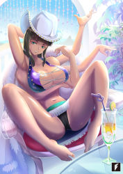 Rule 34 | 1girl, arm under breasts, armpits, arms behind head, bare legs, bare shoulders, barefoot, black hair, black panties, blue eyes, blunt bangs, breasts, cameltoe, chair, cleavage, cleft of venus, collarbone, cowboy hat, cross-laced clothes, cross-laced top, cup, drinking glass, drinking straw, extra arms, eyeliner, full body, fur-trimmed jacket, fur trim, hana hana no mi, hat, highres, jacket, knees up, large breasts, looking back, makeup, midriff, navel, nico robin, one piece, panties, pantyshot, parted lips, shiny skin, sitting, spread legs, table, tassel, teng zhai zi, thighs, toenails, toes, underwear, white headwear