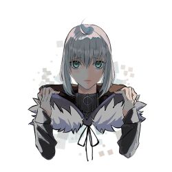 Rule 34 | 1girl, :d, ahoge, blush, brown gloves, cloak, cropped shoulders, fate (series), fur-trimmed cloak, fur trim, gloves, gray (fate), green eyes, grey hair, hands up, hood, hood down, long sleeves, looking at viewer, lord el-melloi ii case files, open mouth, osionopan, short hair, simple background, smile, solo, white background