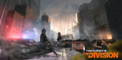 Rule 34 | 2girls, absurdres, baka (mh6516620), building, car, city, copyright name, crowbar, dumpster, gun, headphones, highres, lights, motor vehicle, multiple girls, outdoors, police car, shoes, skirt, skyscraper, standing, thighhighs, tom clancy&#039;s the division, trash bag, vehicle, weapon, zettai ryouiki