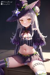 Rule 34 | 1girl, black capelet, black gloves, black hat, black skirt, blunt bangs, blush, bow, bowtie, breasts, capelet, cleavage, closed mouth, cropped shirt, frqz bijutsu, gloves, grey hair, grey shirt, grey thighhighs, hair bun, hat, highres, hololive, long hair, long sleeves, looking at viewer, lowleg, lowleg skirt, medium breasts, microskirt, midriff, miniskirt, murasaki shion, murasaki shion (1st costume), navel, panties, pink bow, pink bowtie, pinstripe pattern, pinstripe shirt, purple capelet, shirt, single side bun, skirt, smile, solo, spread legs, striped clothes, striped shirt, striped thighhighs, thighhighs, tilted headwear, underwear, vertical-striped clothes, vertical-striped shirt, vertical-striped thighhighs, virtual youtuber, white panties, witch hat, yellow eyes