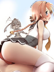 Rule 34 | 10s, 1girl, akizuki (kancolle), arm support, artist name, ass, blue eyes, braid, breasts, from side, hair ornament, hairband, headband, kantai collection, kneehighs, light brown hair, long hair, looking at viewer, medium breasts, miniskirt, open mouth, pleated skirt, primary stage, school uniform, serafuku, shirt, skirt, sleeveless, sleeveless shirt, socks, teruzuki (kancolle), thighs, twin braids, twitter username