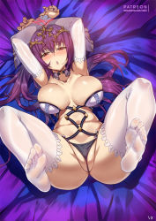 Rule 34 | 1girl, :o, adapted costume, anus, anus peek, arms up, bed, blush, bound, bound wrists, breasts, bursting breasts, club3, collar, detached sleeves, fate/grand order, fate (series), hair between eyes, headpiece, indoors, large breasts, long hair, looking at viewer, lying, nail polish, navel, on back, panties, purple hair, red eyes, scathach (fate), scathach skadi (fate), see-through, solo, spread legs, thighhighs, tiara, toes, underwear