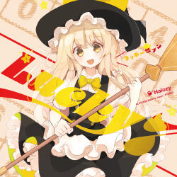 1girl album_cover album_name apron black_hat black_skirt black_vest blonde_hair bow bowtie braid broom circle_name commentary_request cover hair_bow halozy hat holding holding_broom kirisame_marisa long_hair midori_(misuriru8) open_mouth puffy_short_sleeves puffy_sleeves second-party_source short_sleeves side_braid single_braid skirt smile solo teeth touhou upper_teeth_only vest waist_apron white_apron white_bow witch_hat yellow_bow yellow_bowtie yellow_eyes