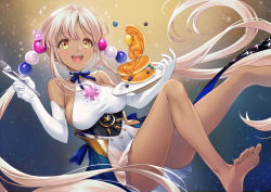 Rule 34 | 1girl, :d, bare legs, bare shoulders, barefoot, blue bow, bow, breasts, brown eyes, dark-skinned female, dark skin, dress, elbow gloves, food, fork, gloves, highres, holding, holding fork, hololive, hololive english, large breasts, long hair, looking at viewer, open mouth, pancake, pancake stack, plate, shiao, sidelocks, sleeveless, sleeveless dress, smile, soles, solo, syrup, tsukumo sana, twintails, very long hair, virtual youtuber, white dress, white gloves