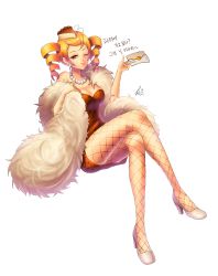 1girl, :d, absurdres, animal print, bangs, bare shoulders, beads, blonde hair, blush, bracelet, breasts, brown dress, brown eyes, cake, cheesecake cookie, cookie run, cropped legs, curly hair, dress, earrings, envelope, feather boa, fishnet legwear, fishnets, food, food on head, head tilt, highres, holding, humanization, jewelry, kuro (ning2763), leopard print, looking at viewer, mole, mole under eye, necklace, object on head, open mouth, pantyhose, parted bangs, pearl necklace, polka dot, short dress, short twintails, signature, simple background, small breasts, smile, solo, standing, strapless, strapless dress, swept bangs, thigh gap, twintails, white background