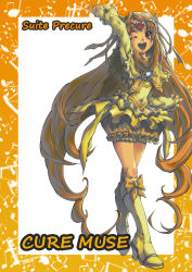 Rule 34 | 10s, 1girl, arm up, beamed quavers, boots, bow, brooch, brown eyes, bubble skirt, character name, circlet, copyright name, cure muse, cure muse (yellow), dress, frills, full body, happy, heart, highres, jewelry, knee boots, kuroshio (zung-man), crossed legs, long hair, magical girl, musical note, one eye closed, orange hair, precure, shirabe ako, skirt, solo, standing, suite precure, watson cross, white background, wink, yellow bow, yellow dress, yellow skirt, zung-man