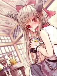Rule 34 | 3girls, :d, @ @, alcohol, barefoot, beer, beer mug, blurry, blurry background, blush, bow, can, chain, commentary request, cup, dated, depth of field, drunk, dutch angle, closed eyes, fang, frills, hair bow, heavy breathing, holding, holding can, horns, ibuki suika, in container, in cup, indian style, indoors, kagikake, light brown hair, long hair, looking to the side, mug, multiple girls, multiple persona, neck ribbon, nose blush, on table, open mouth, purple skirt, red bow, red eyes, red ribbon, revision, ribbon, shirt, sitting, sitting on table, skin fang, skirt, sleeveless, sleeveless shirt, smile, table, touhou, twitter username, v arms, white shirt, wrist cuffs