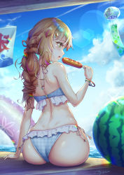 Rule 34 | 1boy, androgynous, ass, ass focus, back, bikini, blonde hair, blue bikini, blue sky, bracelet, braid, checkered bikini, checkered clothes, commentary request, contrail, corn dog, curvy, day, eating, food, frilled bikini, frills, fruit, highres, holding, holding food, innertube, jewelry, lens flare, long hair, male focus, multicolored hair, natsusora wakana, novady, ocean, open mouth, original, outdoors, pink hair, shiny skin, shoulder blades, signature, sitting, sky, solo, streaked hair, summer, swim ring, swimsuit, trap, watermelon, wide hips, wind chime, yellow eyes