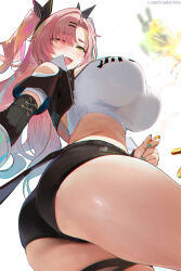 1girl :d ass black_ribbon black_shorts breasts chromatic_aberration coin crop_top from_below green_eyes green_nails hair_ornament hair_ribbon hairclip highres holding holding_coin huge_ass huge_breasts long_hair looking_at_viewer looking_back misaka_12003-gou nicole_demara open_mouth pink_hair ribbon short_shorts shorts smile solo twisted_torso twitter_username two_side_up white_background zenless_zone_zero