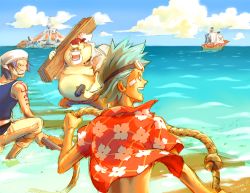 Rule 34 | aged down, bandana, blue hair, blue sky, brother, brothers, cloud, cutty flam, franky (one piece), goggles, hammer, iceburg, jolly roger, male focus, monster boy, multiple boys, ocean, one piece, outdoors, pirate, purple hair, railroad tracks, rope, scenery, ship, siblings, sky, tattoo, tom (one piece), water, water 7, watercraft, white hair