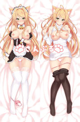 Rule 34 | 1girl, absurdres, ahoge, animal ears, bare shoulders, bell, black skirt, black thighhighs, blonde hair, blush, bow, bow panties, breasts, breasts out, cat ears, censored, clenched hand, closed mouth, corset, dakimakura (medium), detached collar, detached sleeves, frilled thighhighs, frills, full body, green eyes, groin, hair intakes, heart, heart censor, highres, jiino, jingle bell, knees together feet apart, lace, lace-trimmed legwear, lace trim, long sleeves, lying, maid, medium breasts, multiple views, nipples, on back, original, panties, panty pull, parted lips, pink panties, puffy short sleeves, puffy sleeves, ribbed sweater, short sleeves, skirt, smile, sweater, thighhighs, turtleneck, turtleneck sweater, underwear, white thighhighs, wrist cuffs