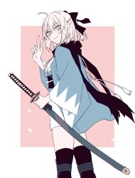 Rule 34 | 1girl, ahoge, black bow, blonde hair, bow, closed mouth, fate (series), feet out of frame, from side, hair bow, haori, holding, holding sword, holding weapon, japanese clothes, katagiri (mighty swing), katana, koha-ace, long sleeves, looking at viewer, obi, okita souji (fate), okita souji (koha-ace), pink background, sash, sheath, sheathed, short hair, simple background, smile, solo, sword, two-tone background, v, weapon, white background, wide sleeves, yellow eyes