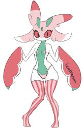 Rule 34 | 1girl, artist name, black eyes, breasts, clothed pokemon, colored sclera, colored skin, creatures (company), female focus, full body, furry, furry female, game freak, gen 7 pokemon, green skin, hand up, hands up, highres, jpeg artifacts, looking at viewer, lurantis, mezmaroon, multicolored skin, nintendo, nipples, no mouth, panties, personification, pigeon-toed, pink panties, pink sclera, pink thighhighs, pokemon, pokemon (creature), signature, simple background, small breasts, solo, standing, striped clothes, striped thighhighs, thighhighs, topless, two-tone skin, underwear, underwear only, white background, white skin