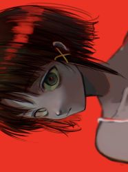 Rule 34 | 1girl, asymmetrical hair, bad id, bad twitter id, bare shoulders, empty eyes, expressionless, eye reflection, grey eyes, hair ornament, highres, iniooooo, iwakura lain, looking at viewer, parted lips, portrait, profile, red background, reflection, serial experiments lain, short hair, sidelocks, single sidelock, solo, spaghetti strap, strap, x hair ornament