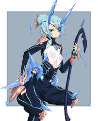 Rule 34 | 1girl, absurdres, asymmetrical horns, blue eyes, blue hair, border, breasts, closed mouth, core crystal (xenoblade), eyepatch, grey background, hair bun, highres, holding, holding sword, holding weapon, horns, impossible clothes, leg up, long sleeves, rufadier, single hair bun, small breasts, solo, sword, theory (xenoblade), weapon, white border, xenoblade chronicles (series), xenoblade chronicles 2