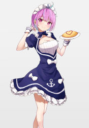 1girl, absurdres, ahoge, alternate hair length, alternate hairstyle, anchor print, anchor symbol, bangs, blue dress, blue hair, blush, bow, breasts, cleavage, closed mouth, commentary, dress, dress bow, eyebrows visible through hair, feet out of frame, food, framed breasts, frilled dress, frills, grey background, hair flip, highres, hitsujisnow, holding, holding plate, hololive, large breasts, maid headdress, minato aqua, multicolored hair, omurice, plate, puffy short sleeves, puffy sleeves, purple eyes, purple hair, short dress, short hair, short sleeves, simple background, smile, solo, streaked hair, swept bangs, two-tone hair, very short hair, virtual youtuber, white bow, wrist cuffs
