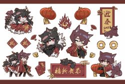 Rule 34 | 1girl, animal ears, black hair, black jacket, black pants, chibi, chinese new year, coat, coin, commentary, dragon horns, dragon tail, fang, fox, fox boy, fox ears, fox girl, fox tail, glory01200, gold trim, guan dao, hair bun, hand fan, highres, holding, holding weapon, hongbao, horns, jacket, kitsune, kyuubi, lantern, library of ruina, lowell (project moon), mini person, miniboy, multiple tails, necktie, one eye closed, pants, paper fan, paper lantern, polearm, project moon, red coat, red eyes, red hair, red necktie, shirt, simple background, symbol-only commentary, tail, weapon, white background, white shirt, xiao (project moon)