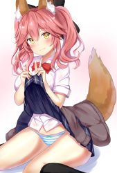 Rule 34 | 1girl, :3, animal ear fluff, animal ears, bad id, bad twitter id, black ribbon, black socks, blue skirt, blush, bow, bowtie, breasts, brown jacket, closed mouth, clothes around waist, clothes lift, collared shirt, double v, fate/grand order, fate (series), fox ears, fox tail, gradient background, hair between eyes, hair ribbon, hands up, head tilt, highres, jacket, jacket around waist, kneehighs, large breasts, lifting own clothes, long hair, long sleeves, looking at viewer, miniskirt, official alternate costume, panties, pink hair, pleated skirt, red bow, red bowtie, ribbon, school uniform, shadow, shirt, shirt tucked in, short sleeves, sidelocks, sitting, skirt, skirt lift, socks, solo, striped bow, striped bowtie, striped clothes, striped neckwear, striped panties, tail, tamamo (fate), tamamo cat (fate), tamamo no mae (fate/extra), tamamo no mae (jk) (fate), twintails, underwear, v, wariza, white background, white panties, white shirt, yellow eyes, yuano