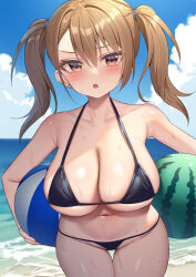Rule 34 | 1girl, alexmaster, ball, bare shoulders, beach, beachball, bikini, black bikini, blue sky, blush, breasts, cleavage, collarbone, highres, large breasts, long hair, looking at viewer, navel, open mouth, original, revision, sky, solo, swimsuit, thighs, twintails, wet, wide hips