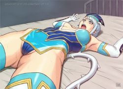 Rule 34 | 10s, 1girl, azasuke, blue hair, blue rose (tiger &amp; bunny), breasts, hat, lowres, lying, panties, restrained, tiger &amp; bunny, underwear