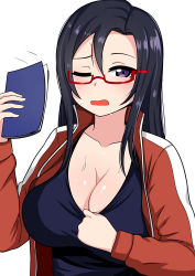 Rule 34 | 1girl, absurdres, alternate hairstyle, black hair, blush, breasts, cleavage, demi-chan wa kataritai, highres, huge breasts, in heat, long hair, looking at viewer, motion lines, notebook, one eye closed, open mouth, purple eyes, red-framed eyewear, satou sakie, sportswear, sweat, the only shoe, upper body, white background