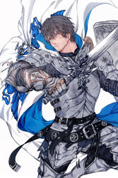 Rule 34 | 1boy, absurdres, adventurer (ff14), armor, belt, black belt, blue eyes, cape, closed mouth, facial hair, final fantasy, final fantasy xiv, gauntlets, gyulseu, highres, holding, holding shield, holding sword, holding weapon, hyur, looking away, male focus, paladin (final fantasy), pauldrons, shield, short hair, shoulder armor, solo, sword, warrior of light (ff14), weapon, white cape