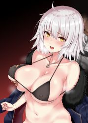 Rule 34 | 1boy, 1girl, ahoge, bikini, black bikini, black jacket, blush, grabbing another&#039;s breast, breasts, coat, covered erect nipples, fate/grand order, fate (series), fur-trimmed coat, fur trim, grabbing, grabbing from behind, heavy breathing, jacket, jeanne d&#039;arc (fate), jeanne d&#039;arc alter (fate), jeanne d&#039;arc alter (ver. shinjuku 1999) (fate), large breasts, mitsukazu (nijigen complex), navel, official alternate costume, open clothes, open coat, open mouth, short hair, silver hair, swimsuit, wicked dragon witch ver. shinjuku 1999, yellow eyes