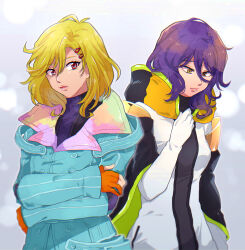 Rule 34 | 1other, 2girls, antenna hair, aqua coat, artist name, blonde hair, breasts, chiimako, closed mouth, coat, covered collarbone, elbow gloves, eyes visible through hair, fingerless gloves, gina (gnosia), gloves, gnosia, hair between eyes, hair ornament, hairclip, hood, hoodie, long hair, looking at viewer, medium breasts, multiple girls, purple hair, red eyes, setsu (gnosia), short hair, simple background, turtleneck, wavy hair, white background